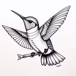 a hummingbird with a long beak flying,drawing of a hummingbird with a knife and small star