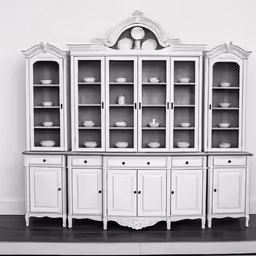 a black and white photo of china cabinets