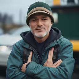 a man wearing a green jacket and a hat stands with his arms crossed with a bus in the background