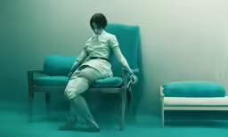 a woman sitting in a chair with her foot on the table