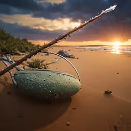 there is a green object on the sand by the water,a rock laying in the sand on a beach