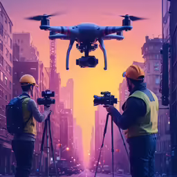 two construction workers are filming a camera to an aerial camera