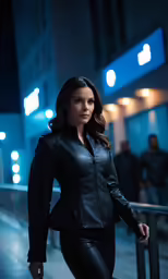 a woman with black leather on is walking
