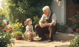 an old man is crouching while the young girl sits by flowers
