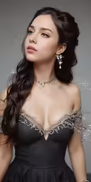 beautiful asian woman in a black dress with diamond earring and choker