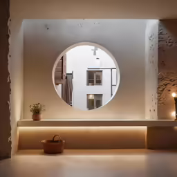a bathroom with the window open and a mirror on it