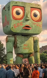 the large sculpture in front of a crowd is in green and orange