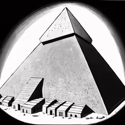 the egyptian pyramid on the ground near several huts