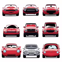 red classic cars are depicted in this set,a series of nine illustrations depicting some different types of cars,a series of eight illustrations showing different old fashioned cars,an illustration of cars painted in shades of red and white,a number of cars with different colors and designs on them