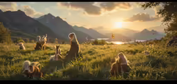 a painting of several dogs in a meadow, some are panting