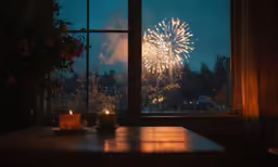 some candles are in the windows of a dark room with fireworks