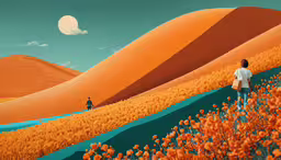 two people standing on the edge of a cliff,man in white shirt and black pants walking past desert landscape