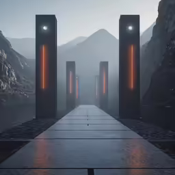several tall and thin doors with lights shining in them