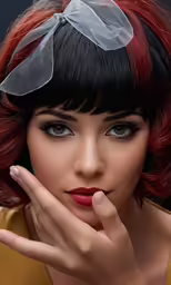 a woman with red hair, wearing a white bow and a yellow blouse