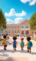 three children in back of a building holding hands