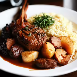 a plate full of food with meat and potatoes