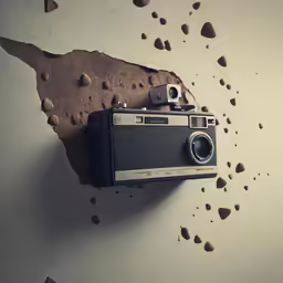 a camera attached to the wall with a broken hole in it