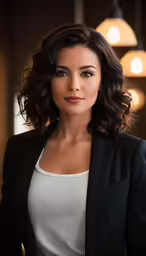 a woman in black jacket with a white shirt
