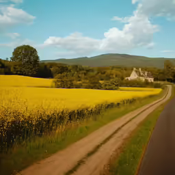 a lonely road winds through a field of yellow flowers
