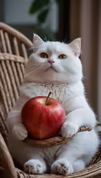 a cat sits on a chair holding an apple