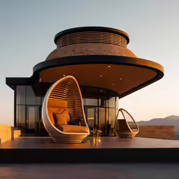 the outside of a building with large circular chairs
