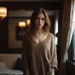 a beautiful young woman standing near a window
