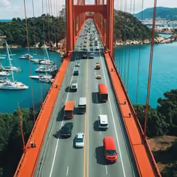 an orange bridge with cars driving across it