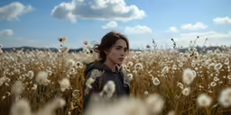 young woman standing in wheat field looking at camera