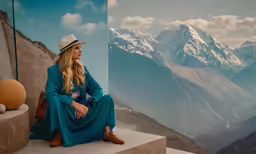 a woman in long dress and fedora sitting on a ledge with mountains in the background