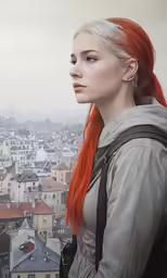 the woman with red hair stands in front of a cityscape