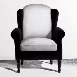 an upholstered chair is positioned against a white background
