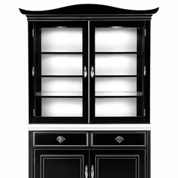an open display cabinet with shelves and doors