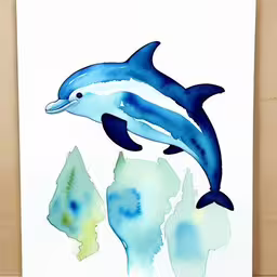 a blue dolphin jumping above the ocean water,a watercolor painting of a dolphin leaping from the air