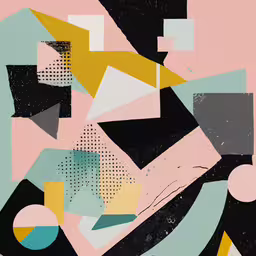 abstract shapes, including black, yellow and pink,a abstract painting with blue, pink and yellow shapes