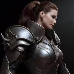 woman in full armor looking to side with ponytail
