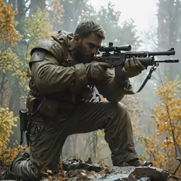 man wearing military gear squatting with rifle on head