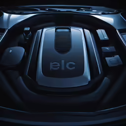 the front end of a modern car engine