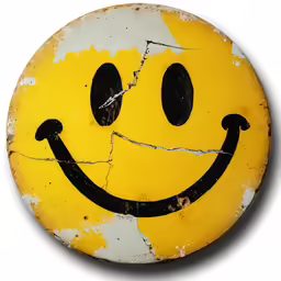 this circular painted metal smile face is yellow and has missing teeth