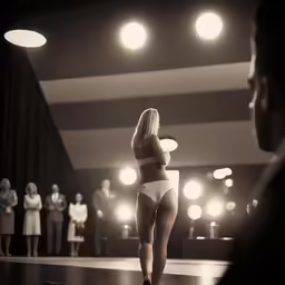 the woman is wearing white lingerie on stage
