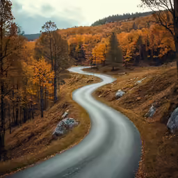 a winding road with trees that are changing colors