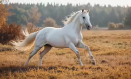 the horse is running in the field near many trees