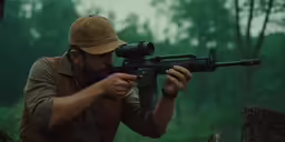 a man with a cap and glasses holding a rifle