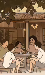 a family is having dinner at the table