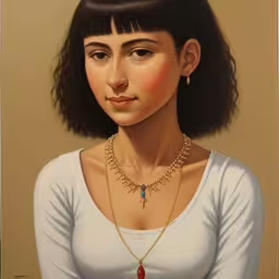 a girl with a red necklace in her hand,an attractive woman wearing gold chains,a painting of a girl wearing a white top,a painting of a girl wearing a necklace,a painting of a woman with a necklace on