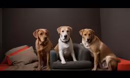 three dogs sit on the same chair in front of a dark backdrop