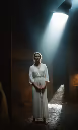 a woman standing alone, in a light - filled room