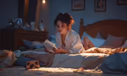 there is a woman reading in bed at night