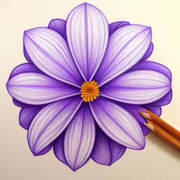 there is a drawing of a flower on the table,a purple flower painted on paper with colored pencils