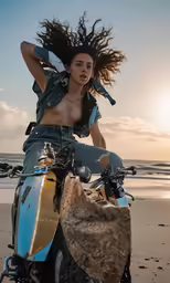 a woman on a motorcycle sits at the beach