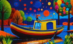 a colorful image of a person riding on top of a boat,there is a painting of a boat in the water